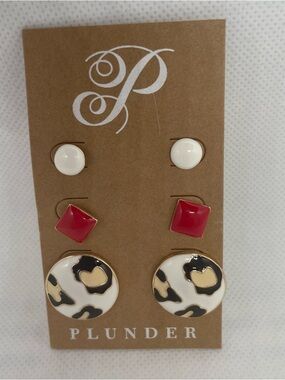 Plunder New 3 Pair Earring Set Animal Print White, Tan & Black, Red & Gold Studs